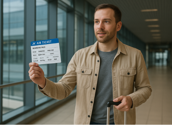 비행기 티켓 들고 이동중인 남성 이미지