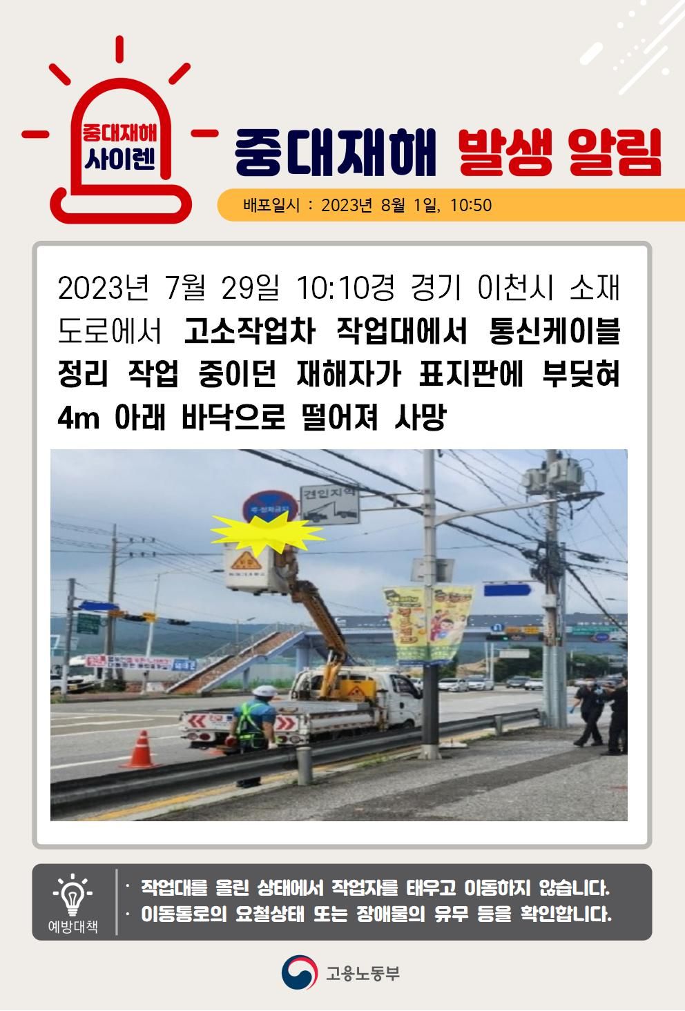 고소작업차 작업대에서 작업 중 표지판에 부딪혀 떨어짐(4m)