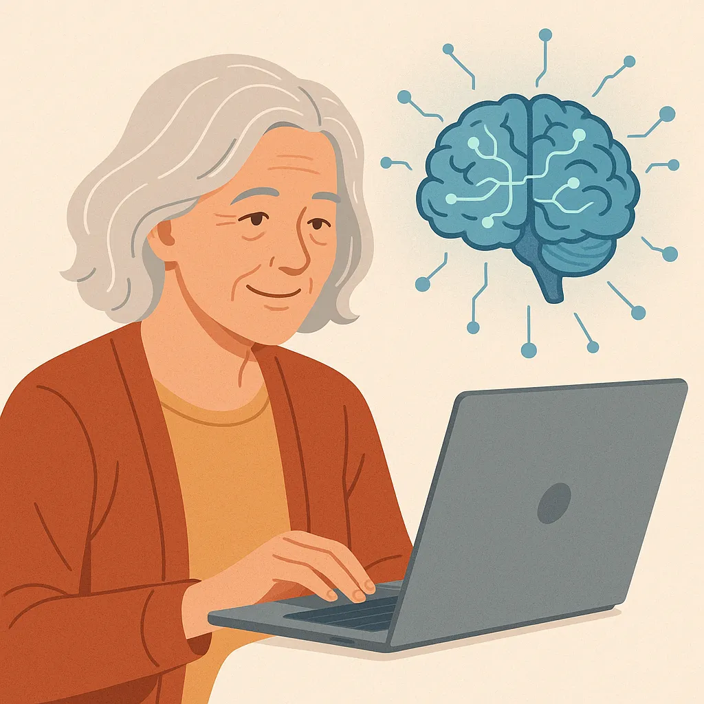 노년의-여성이-노트북으로-새로운-기술을-배우며-뇌가-활성화되는-모습-뇌-신경-회로가-빛나며-인지-기능-향상과-젊음-유지의-효과를-상징적으로-표현한-장면
