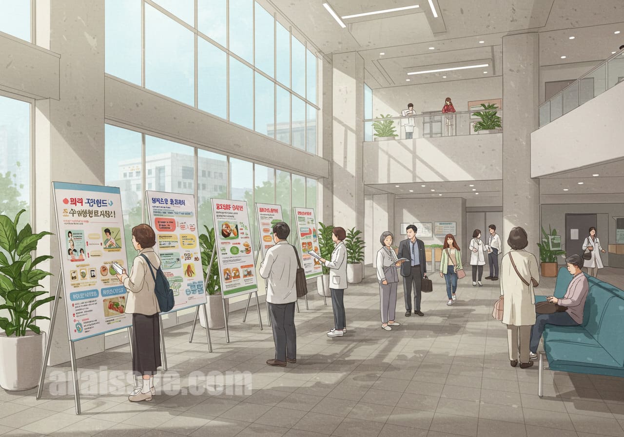 한국의 병원 로비에서 사람들이 건강포인트 제도에 대한 정보 포스터를 확인하는 장면입니다. 현대적인 병원 환경에서 건강한 생활 방식을 강조합니다.