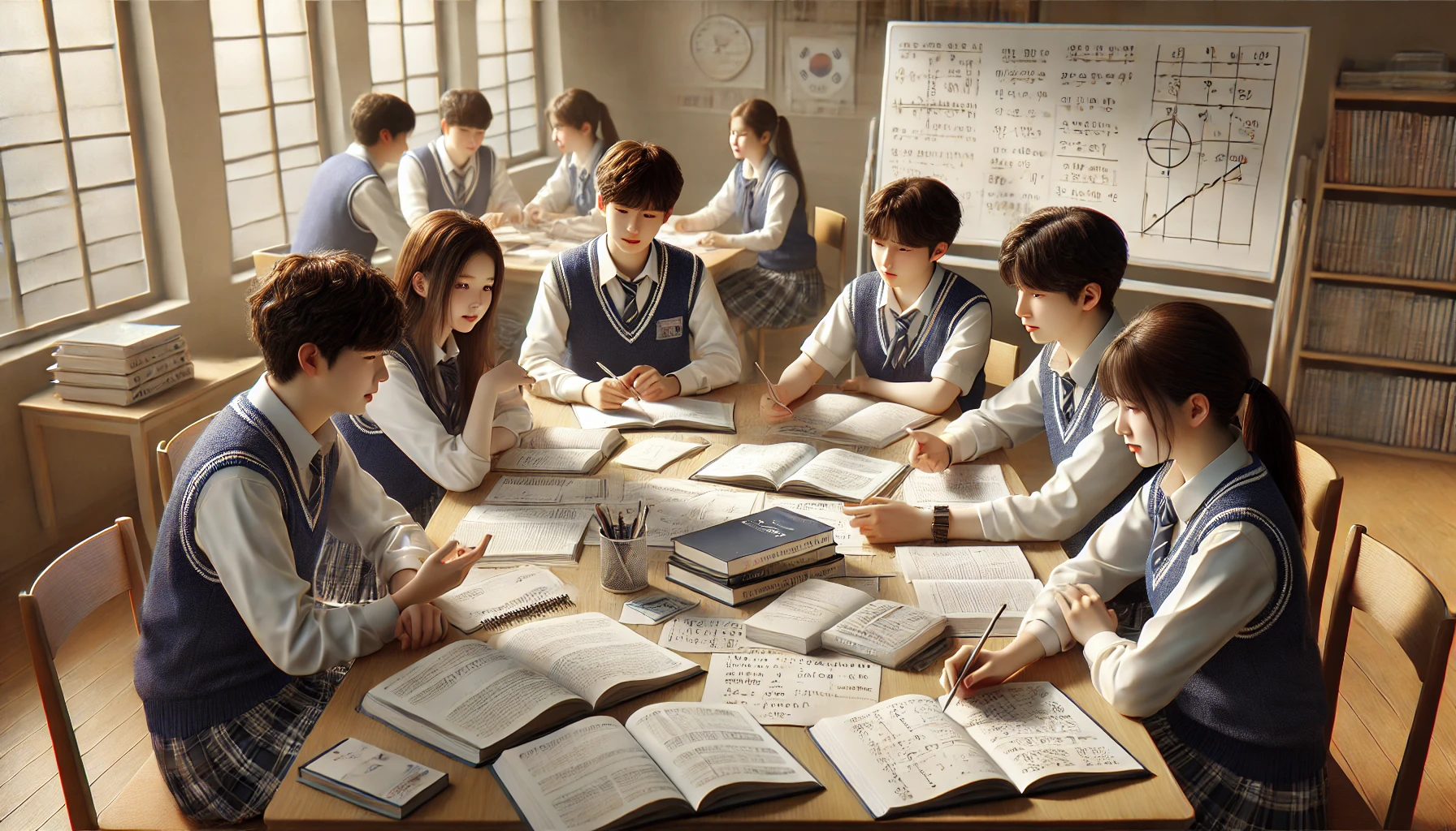 고등학생들이 스터디 그룹을 구성해 수학 문제를 함께 풀고 토론하는 모습