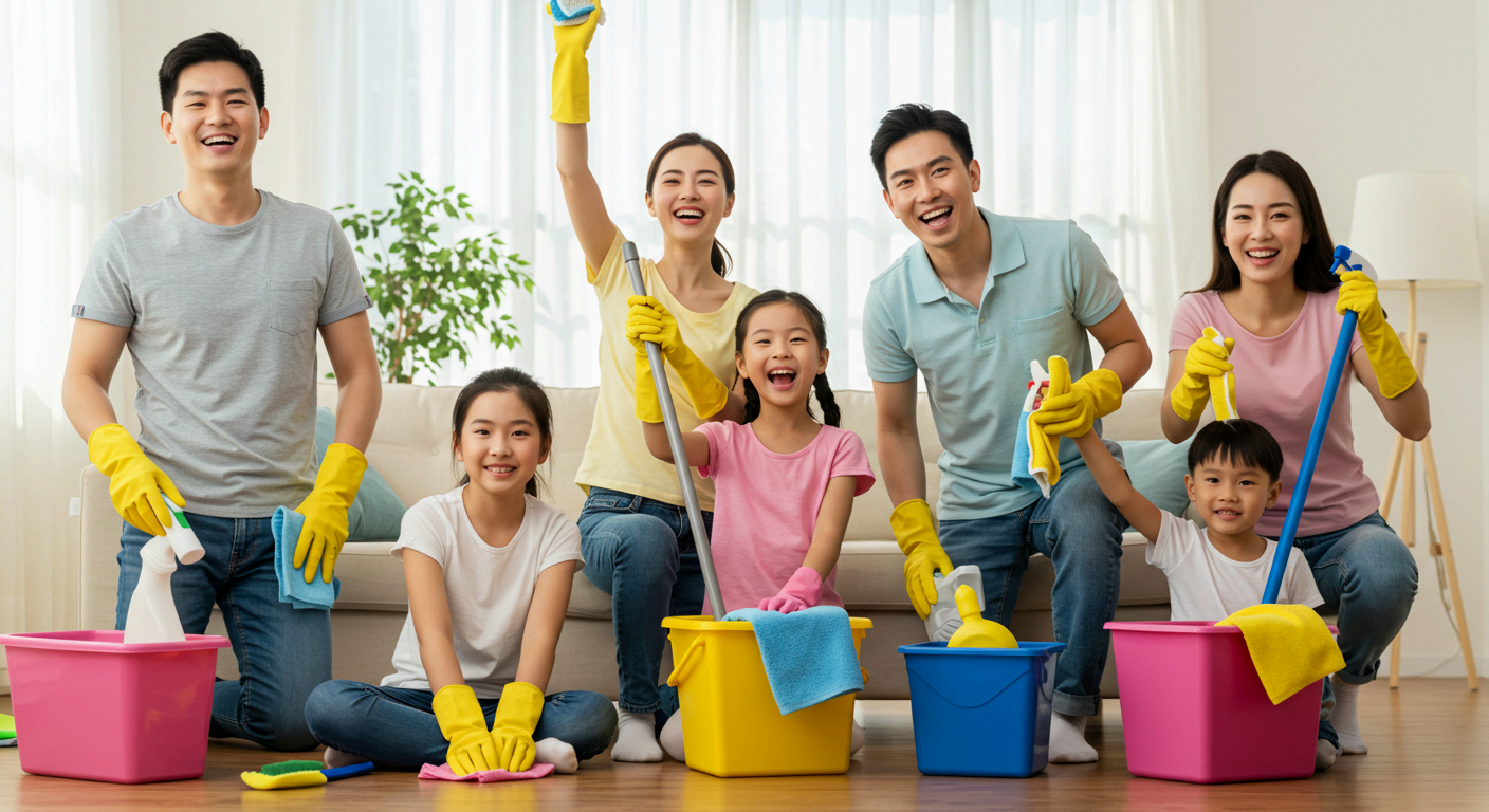 밝은 실내에서 노란색 고무장갑을 낀 여러 명의 아시아계 가족(성인 3명, 어린이 3명)이 청소 도구를 들고 웃으며 포즈를 취하고 있는 모습. 가족 청소 활동을 상징한다.