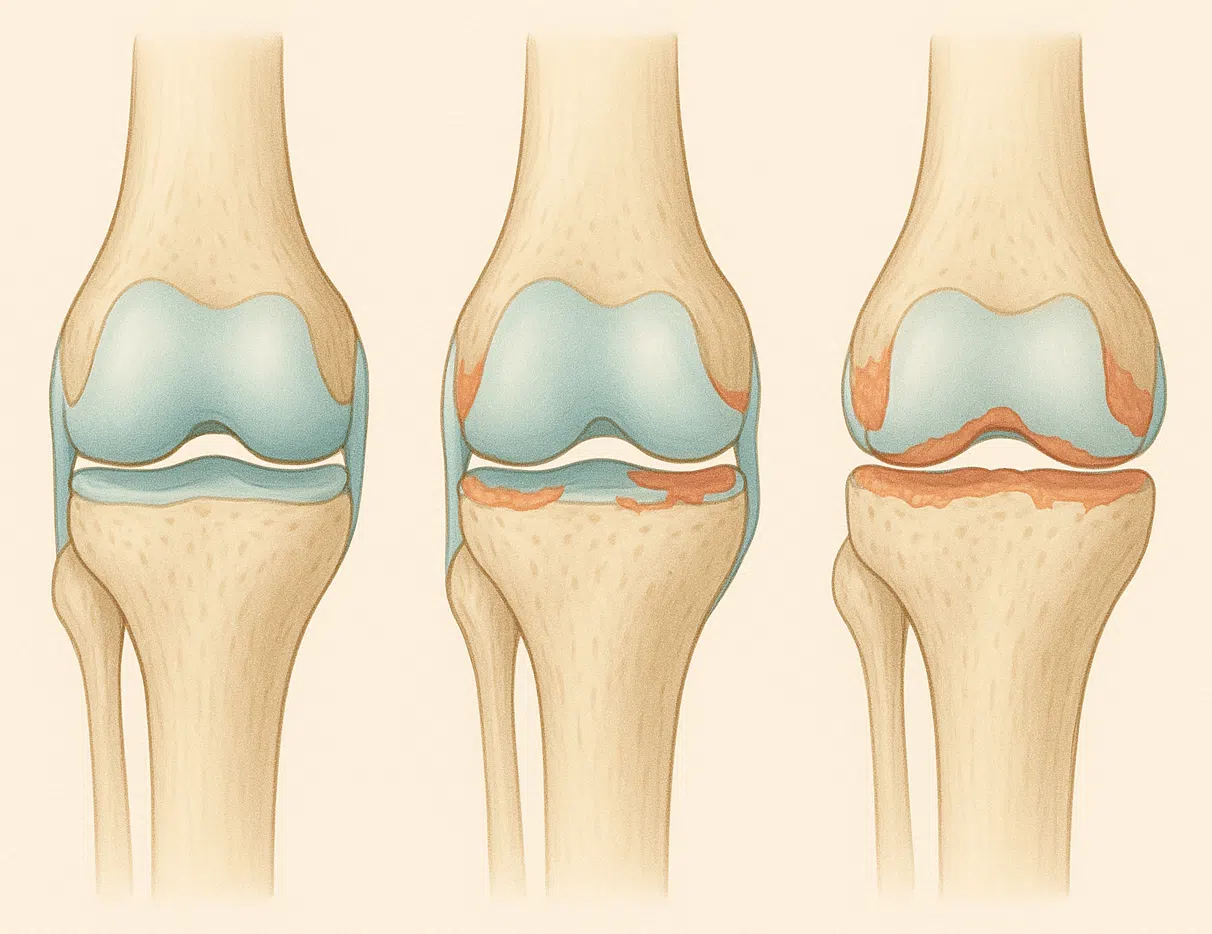 무릎 관절을 단면으로 보여주며 연골이 점점 닳아가는 과정