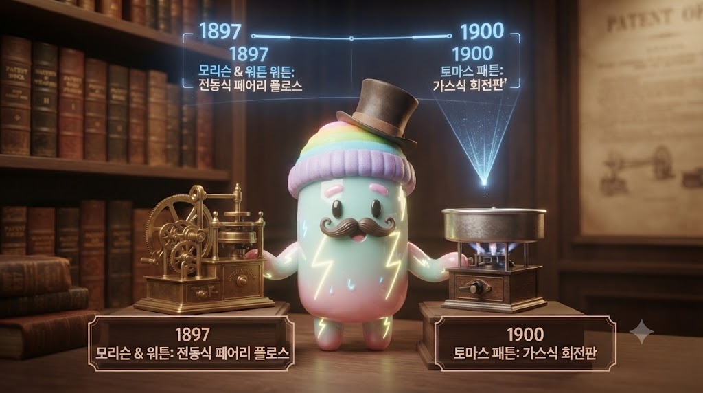 19세기 말의 빈티지한 발명품 전시장에 있습니다. 쫀쿠는 콧수염을 붙인 귀여운 신사 모자를 쓰고 있으며, 양손에 서로 다른 초창기 솜사탕 기계를 하나씩 들고 있습니다. 왼쪽에는 모리슨과 워튼이 개발한 전동식 '페어리 플로스' 기계가, 오른쪽에는 토마스 패튼이 특허 낸 가스 불꽃 회전판 기계가 놓여 있습니다. 쫀쿠 뒤편의 대형 스크린에는 두 발명가의 특허 문서와 함께 '1897년 페어리 플로스'와 '1900년 패튼 특허'라는 글자가 나란히 빛나고 있습니다.