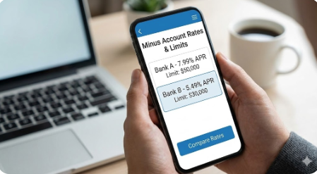 은행 앱에서 마이너스통장 금리 비교 및 한도를 조회하는 화면