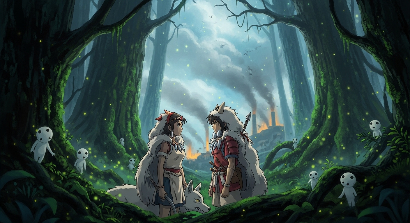 모노노케 히메의 산과 아시타카가 숲속에 있는 모습. 인간의 산업화와 자연 보호의 갈등, 그리고 공존의 중요성을 상징적으로 보여줍니다.