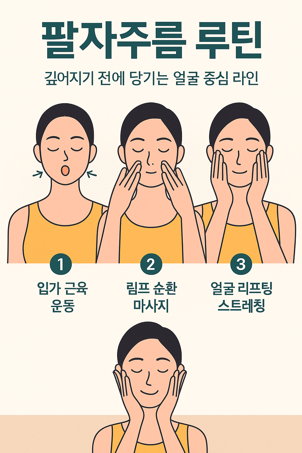 팔자주름을 완화하고 얼굴 중심 라인을 당겨주는 홈케어 루틴을 소개하는 한국어 인포그래픽 이미지로, 볼살 리프팅, 입가 자극, 림프 마사지 동작이 포함된 플랫 스타일 일러스트