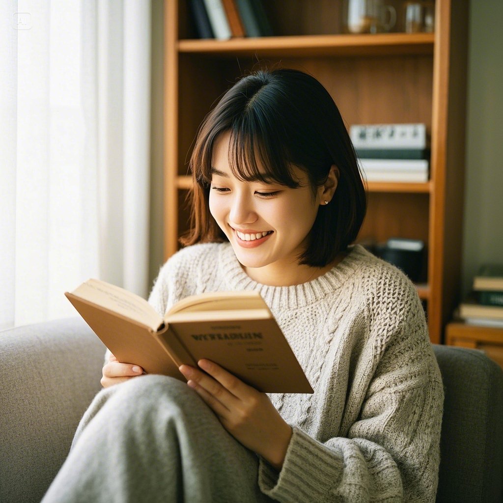 책을 읽으며 여유를 즐기는 사람, 배경에는 스마트폰이 놓여 있음