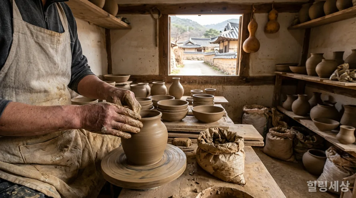 한국 소도시 공방에서 도자기를 빚는 장인의 손 클로즈업