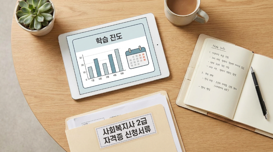 책상 위 노트북과 사회복지사 자격증 관련 서류가 놓여 있는 모습