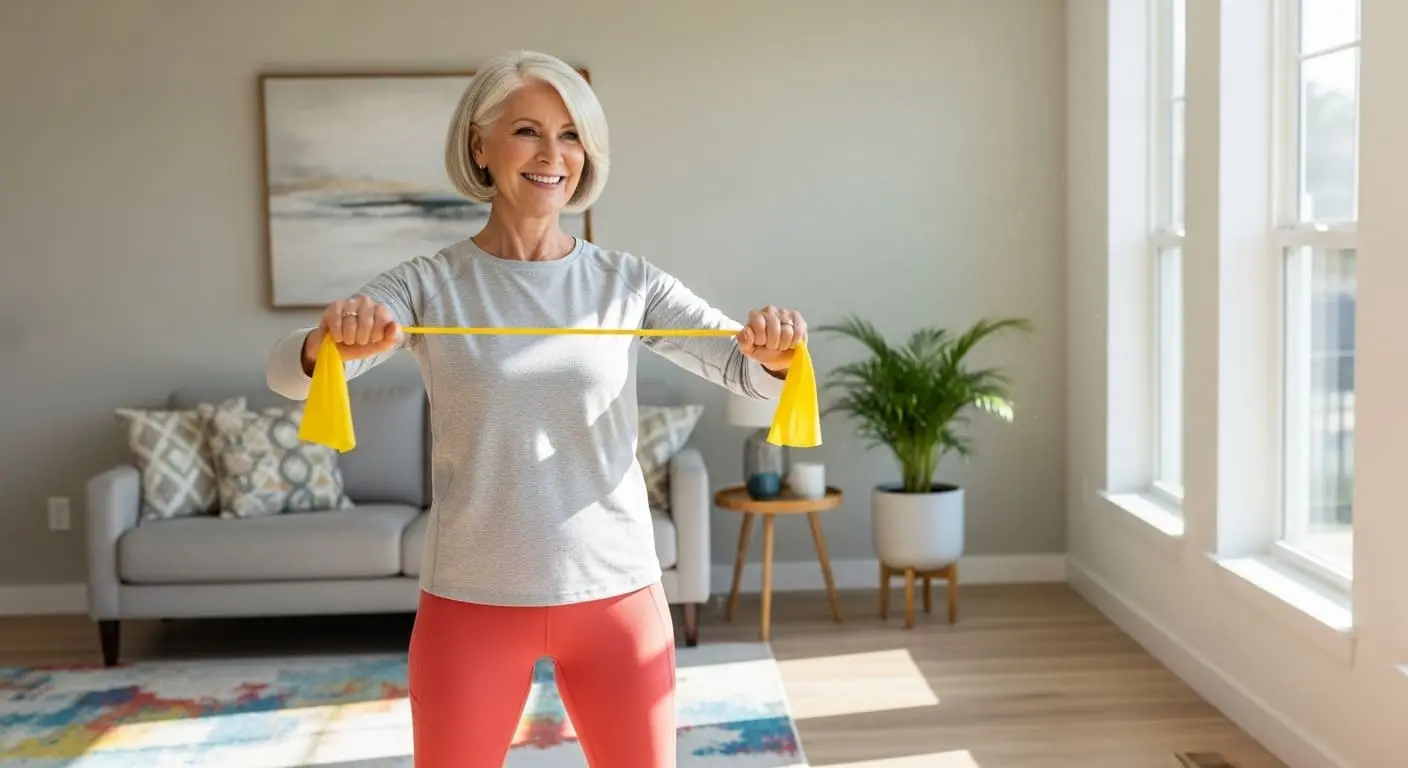 60대 여성이 밝은 거실에서 저항 밴드를 이용해 운동하며 활기찬 모습을 보여주는 이미지.