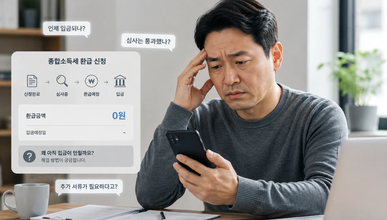 스마트폰 화면을 보며 종합소득세 환급금이 입금되지 않아 걱정하는 사람.