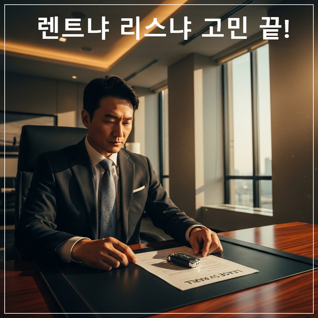 세련된 사무실 책상 위에서 고급스러운 자동차 키와 서류를 앞에 두고 고민하는 성공한 분위기의 한국인 남성 사업가. 창밖으로는 황금빛 햇살이 비치며 성공적인 미래를 암시하는 고화질 이미지