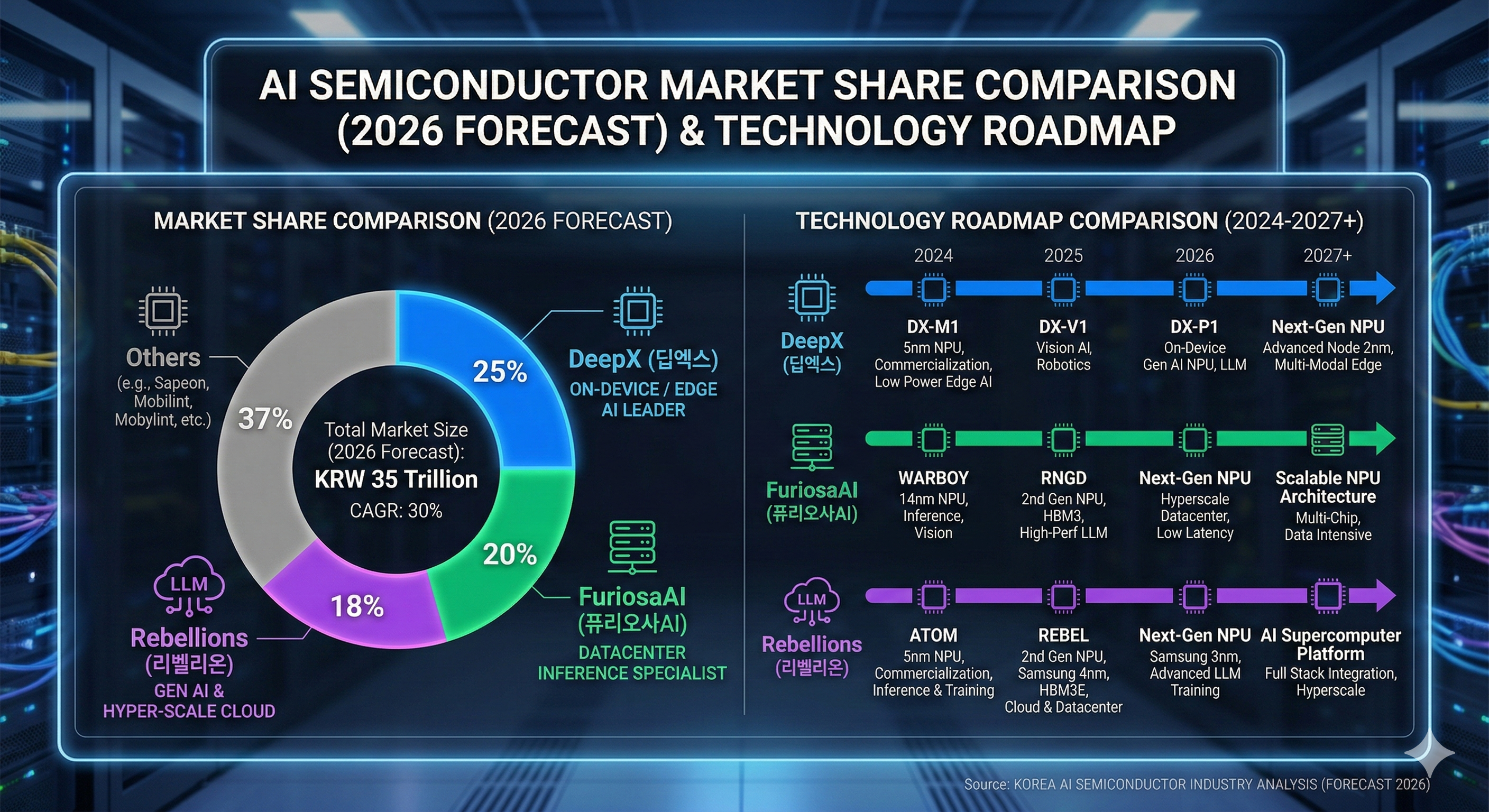 딥엑스 퓨리오사AI 리벨리온 3사 로드맵 및 시장 점유율 비교 인포그래픽