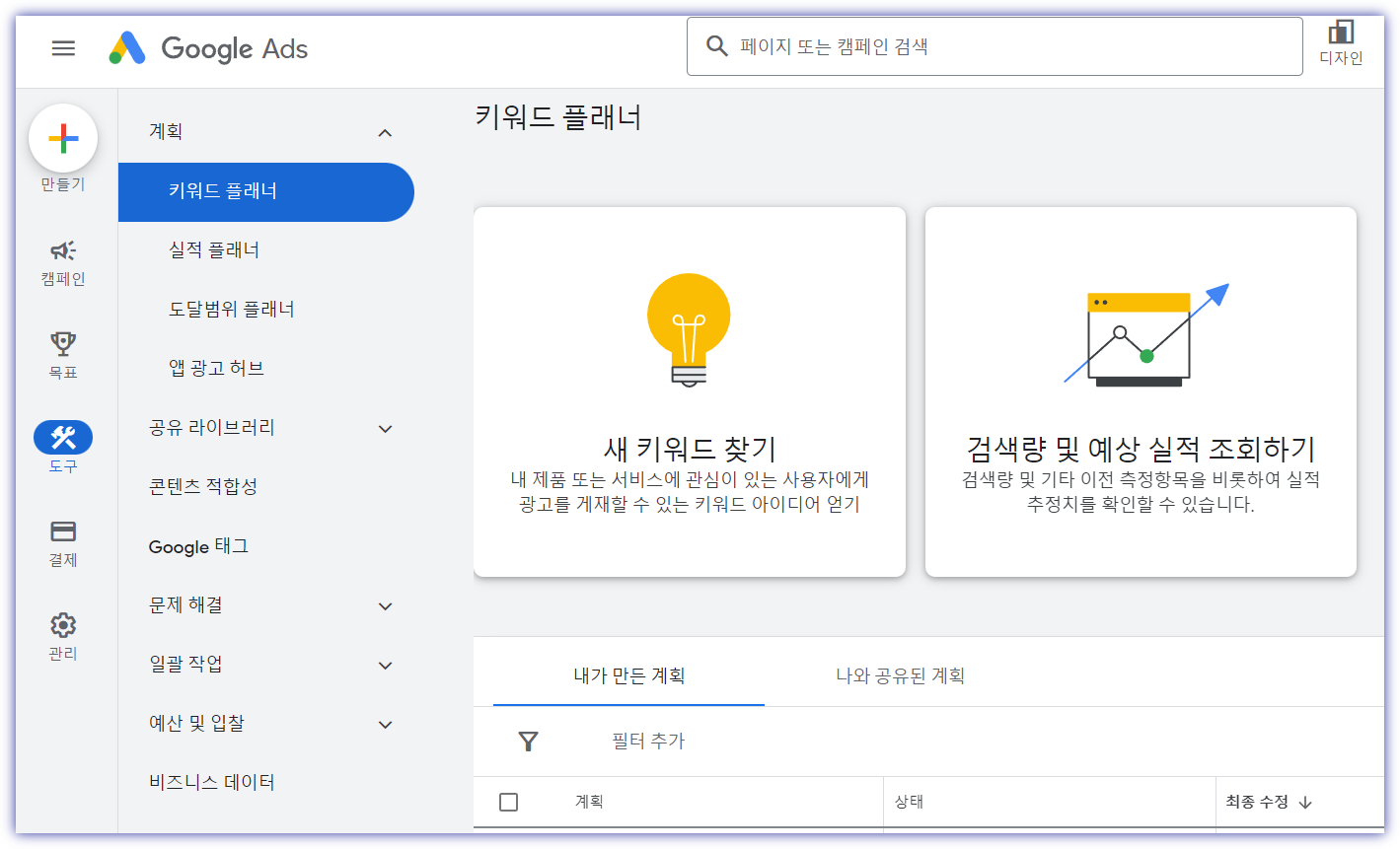 구글키워드플래너실행-도구-키워드플래너-새키워드찾기를누른다.