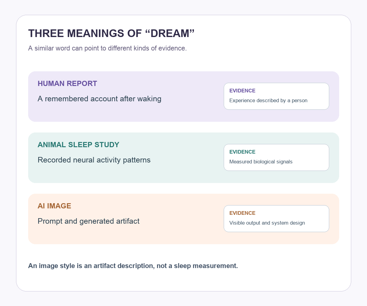 Three meanings of dream: a human report after waking, recorded neural activity during animal sleep, and an AI-generated image, each with its own evidence.