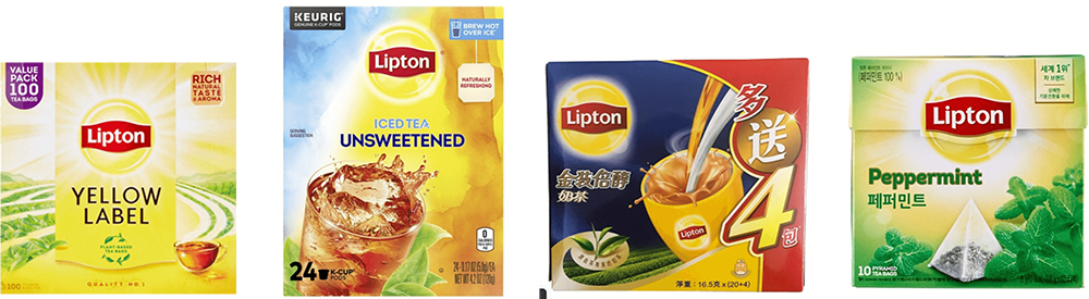 립튼의 주요 제품 라인업 이미지 (옐로우 라벨, 아이스티, 밀크티, 허브티) 이미지