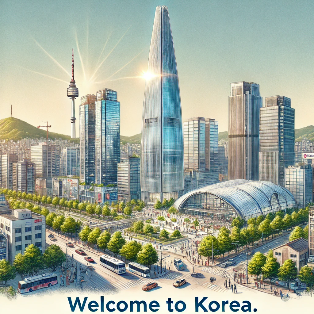 한국 관광 포스터 그림, 멋진 건물들이 뒷배경