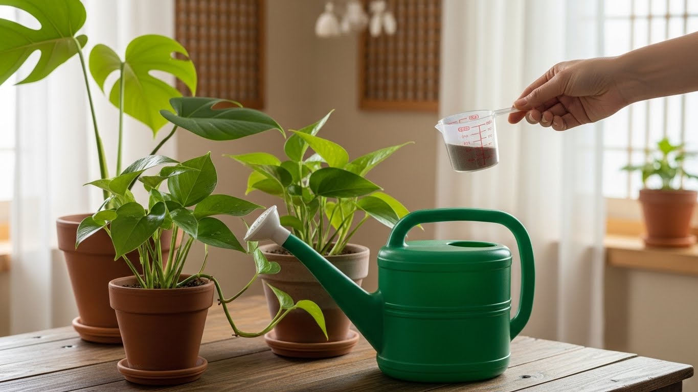 실내 식물 비료를 준비하는 장면