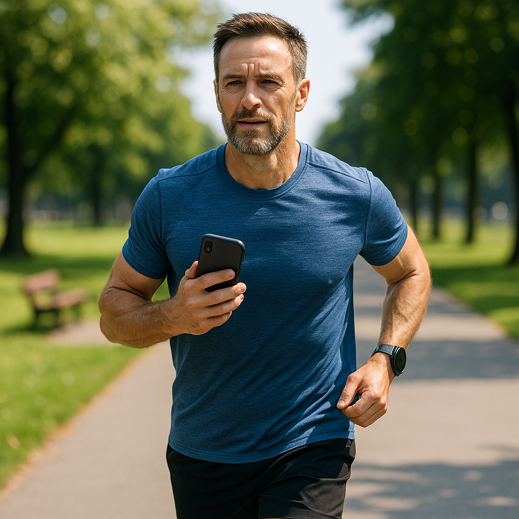 마라톤 입문 첫날, 운동장에서 스트레칭하며 스마트워치로 기록을 설정하는 동양인 남성