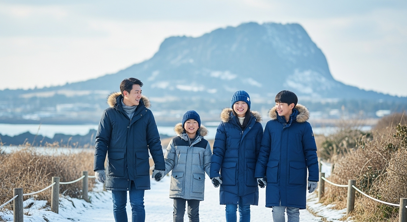 2025년 겨울 제주도의 설경 속에서 가족이 손을 잡고 행복하게 걷는 모습
