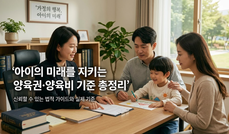 동양인 부모와 아이가 웃으며 변호사 상담을 받는 모습