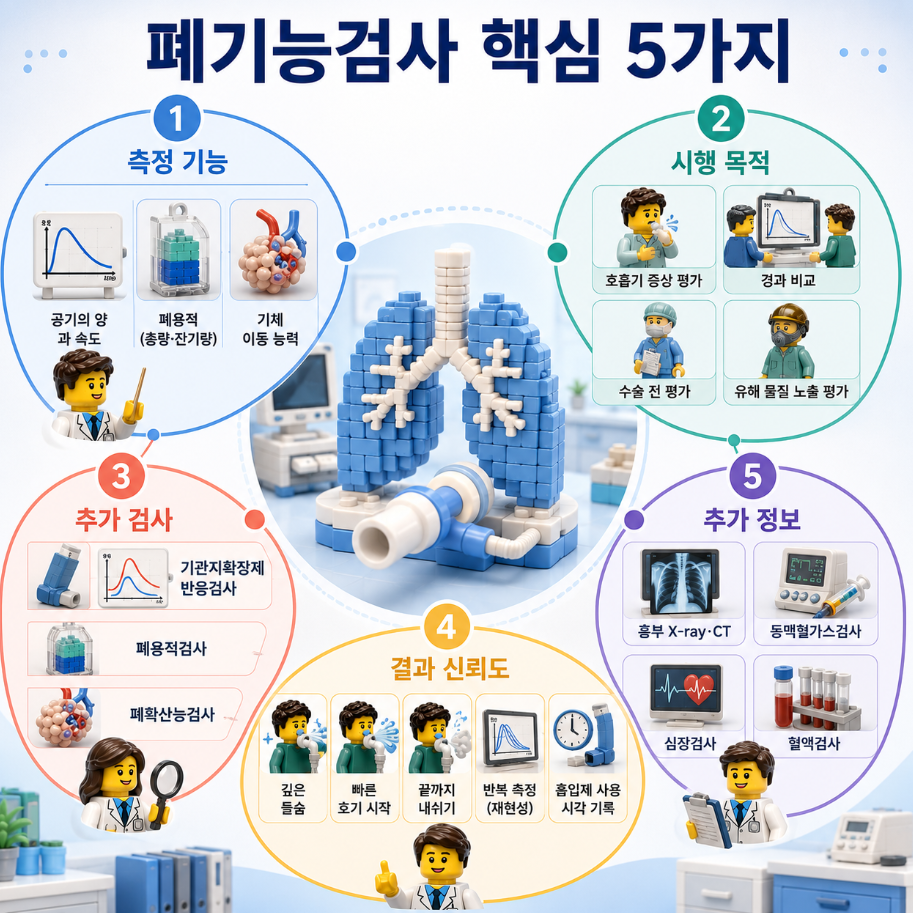 폐기능검사의 측정 기능&middot;시행 목적&middot;추가 검사&middot;결과 신뢰도&middot;추가 정보를 정리한 핵심 요약 의료 인포그래픽