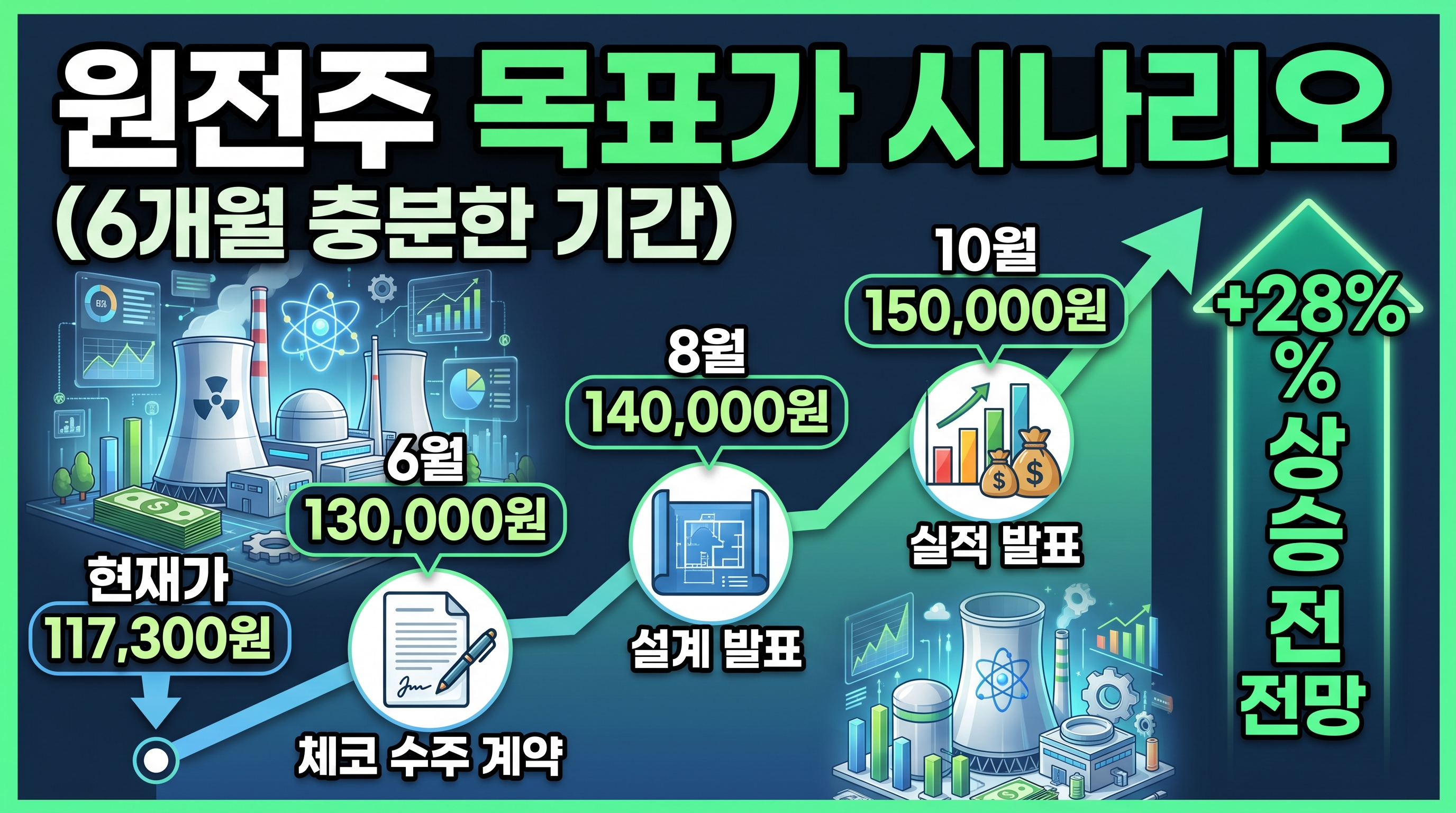 원전주 목표가 상향 시나리오 6개월: 현재 117,300원 → 6월 130,000 → 8월 140,000 → 10월 150,000원. 호재 일정표(체코계약, 설계발표, 기자재발주). 28% 상승 가능