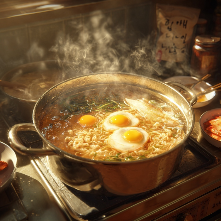 가스렌지 위 계란 넣은 라면