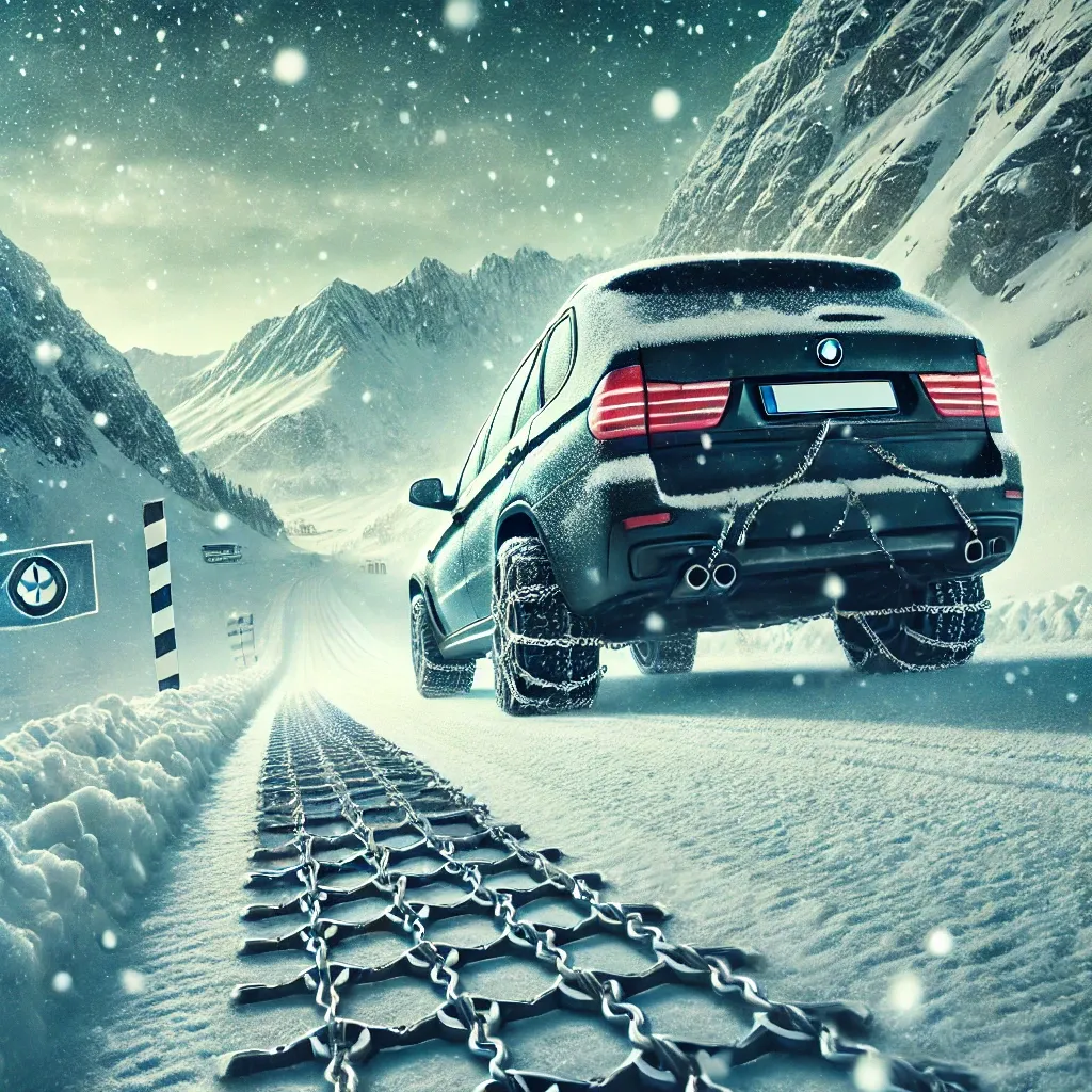 산길에서 스노우 체인을 장착한 차량 이미지