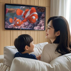 watching TV with mom and child