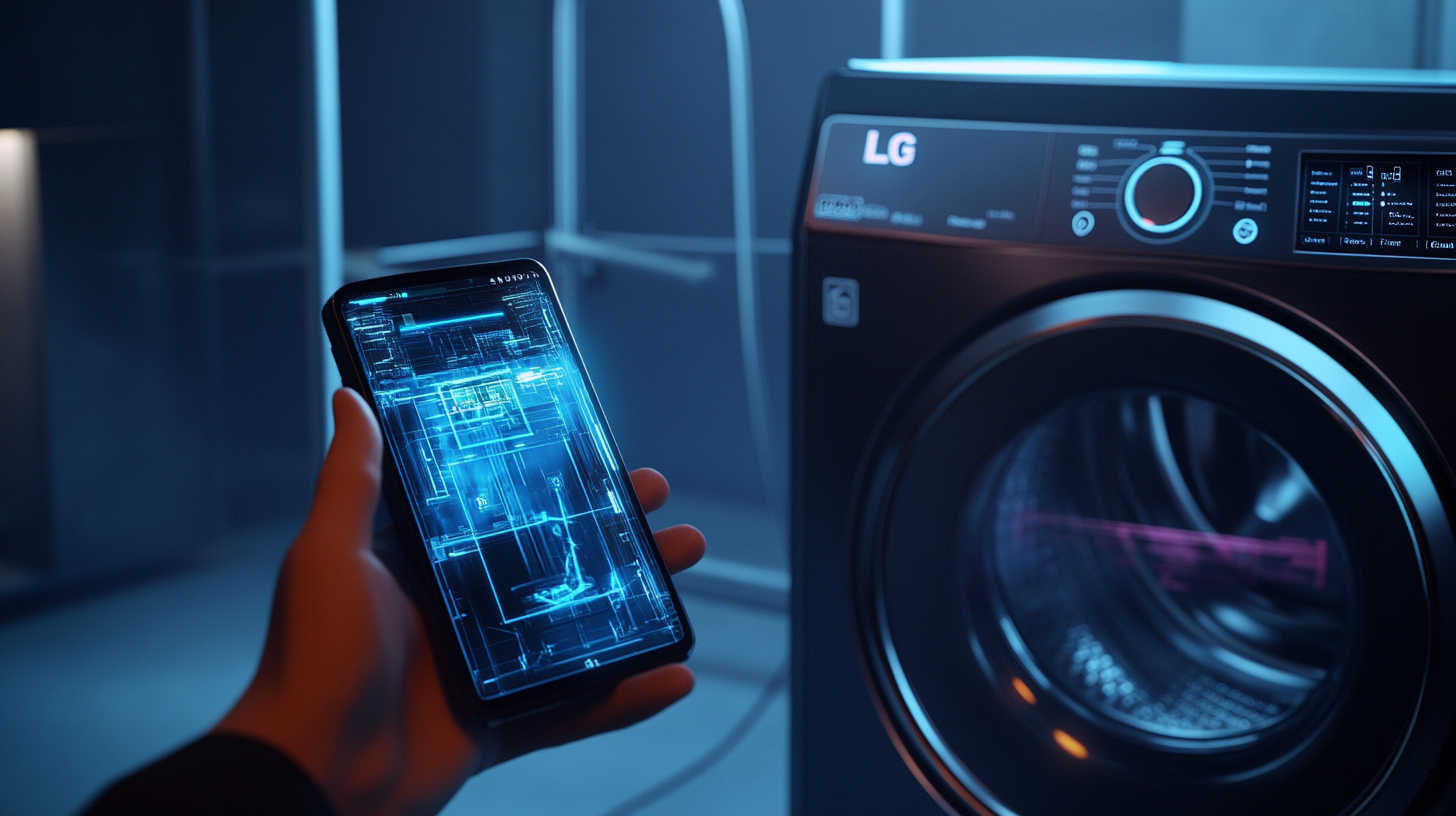 스마트폰을 사용하여 외부에서 LG 세탁기를 제어하는 사용자의 모습. 가상 현실 UI 인터페이스와 미래지향적인 조명 효과가 돋보입니다.