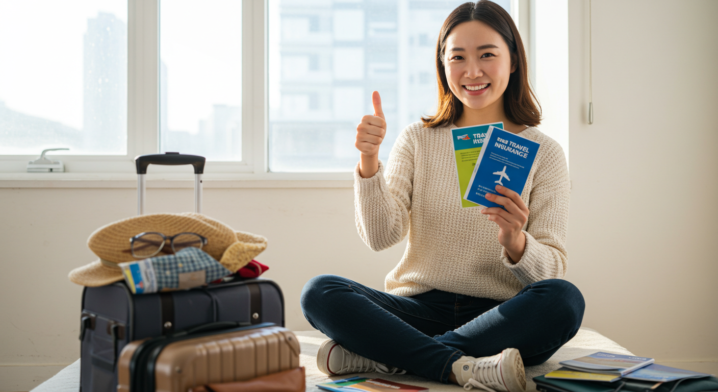 여성이 여행자 보험 서류를 들고 만족스럽게 엄지손가락을 치켜세우며 해외여행 준비를 마친 모습을 보여줌.
