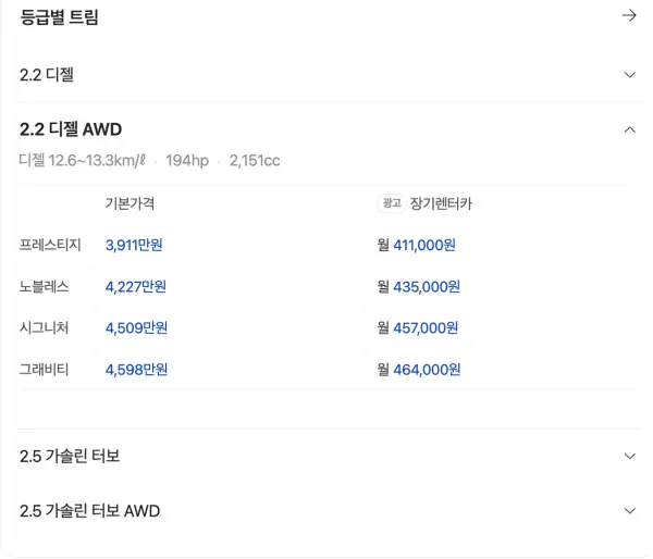 쏘렌토 가격표