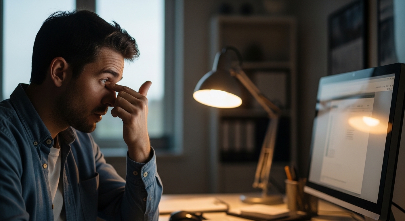 저녁 시간 컴퓨터 작업 중 눈 피로를 느끼는 직장인 모습