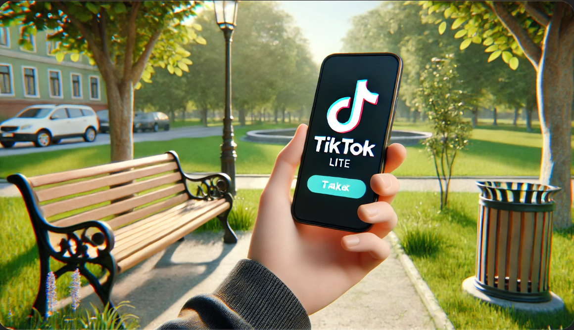 공원에서 스마트폰을 들고 있는 손, 화면에는 틱톡 라이트 앱이 보입니다.