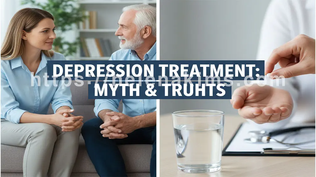 왼쪽에는 상담을 하는 모습, 오른쪽에는 약을 먹는 모습.