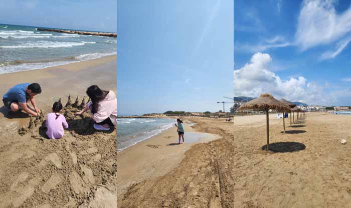 알코세브레의 지중해 해변에서 즐거운 모래성 만들기