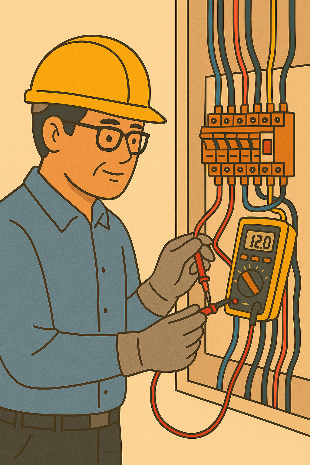 안전모를 쓴 중년 남성이 작업용 장갑을 낀 손으로 전기 배선판 앞에서 멀티미터로 전압을 측정하며 꼼꼼하게 점검하는 모습