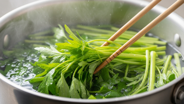 끓는 소금물에 미나리를 넣고 젓가락으로 살짝 뒤적인 후 바로 건져내고 있는 모습