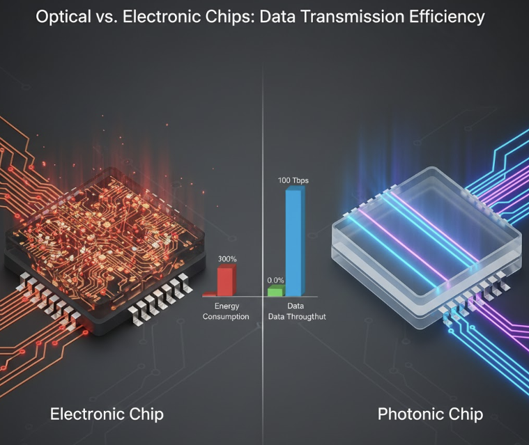 데이터 센터의 전력 소모와 발열 문제를 해결하기 위해 전기 신호 대신 빛을 이용하여 초고속으로 데이터를 전송하는 광반도체(실리콘 포토닉스)의 원리와 장점을 설명하는 인포그래픽 이미지.