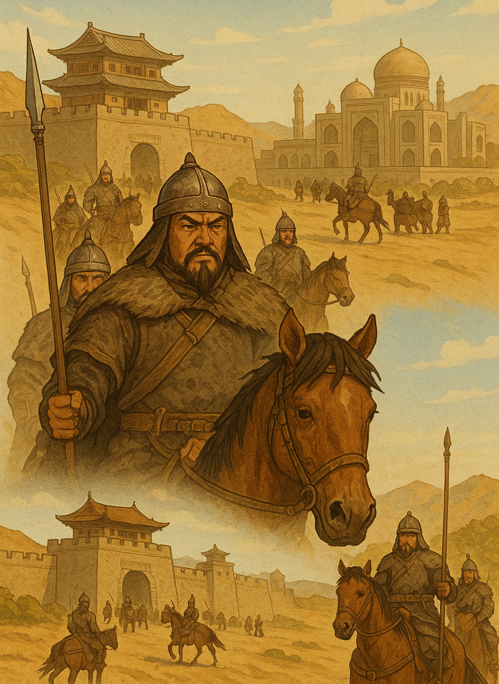 몽골제국을 세운 후, 다양한 나라를 정복하는 칭기즈 칸