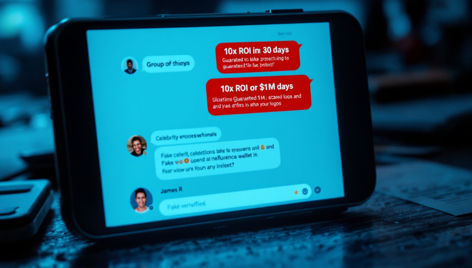 과장된 수익률과 가짜 유명인 사칭이 포함된 디지털 채팅방 장면