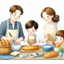 부모와 아이가 함께 놀이하거나 식사 준비하는 모습