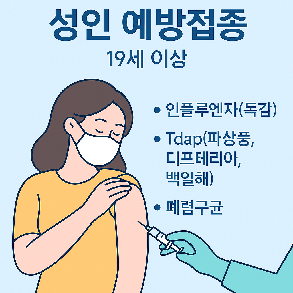 성인 예방접종 대상자와 무료 혜택 신청 방법을 정리한 일러스트 인포그래픽