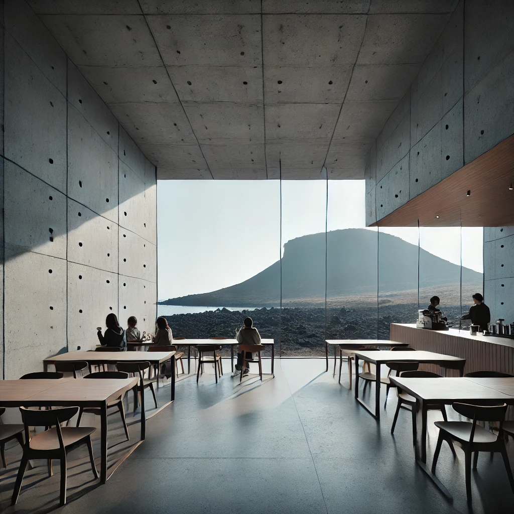 제주도의 화산암 지형 근처에 위치한 현대적이고 미니멀한 카페. 매끄러운 콘크리트 벽과 큰 창문을 통해 자연 채광이 들어오며, 제주도의 거친 풍경이 보임. 손님들은 간단한 나무 테이블에 앉아 갓 내린 커피를 즐기고 있으며, 분위기는 차분하고 고요하며 주변 자연의 아름다움을 강조함.