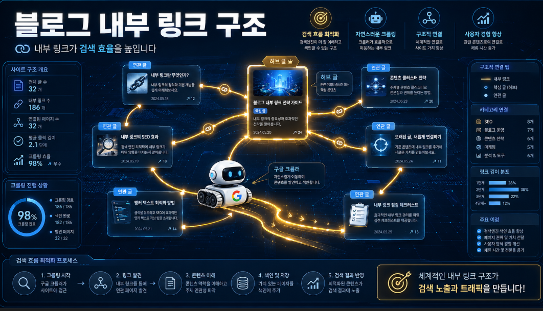구글 로봇의 체류 시간을 극대화하고 사이트의 전문성을 데이터로 증명하는 블로그 내부 링크 연결 구조 분석