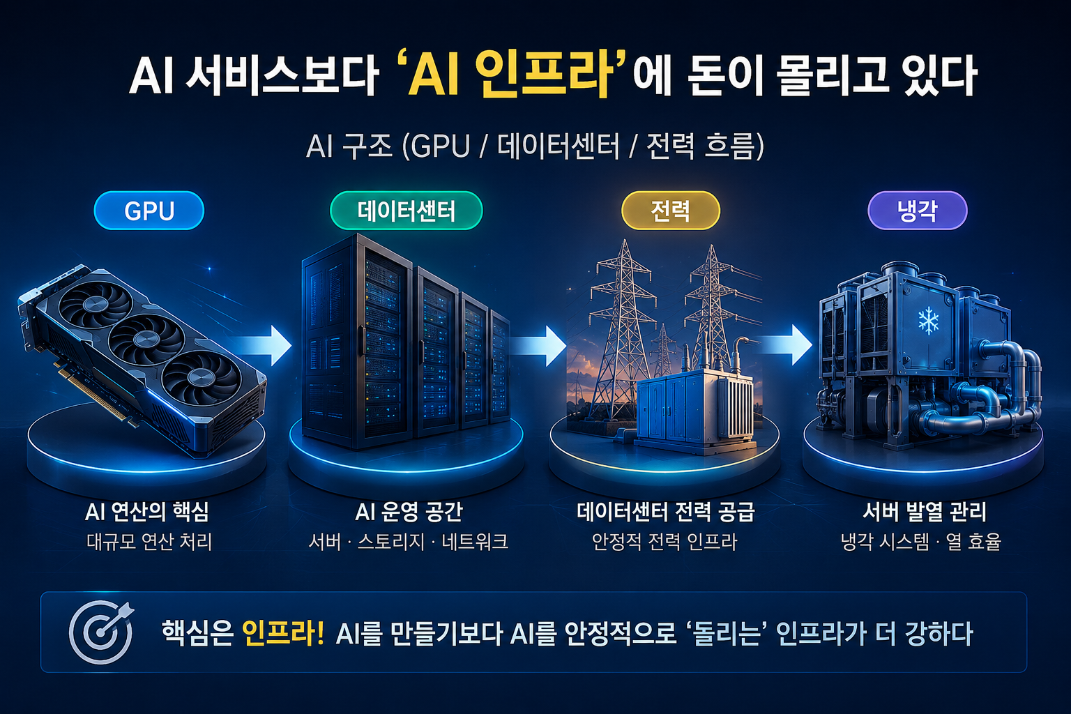 AI 인프라 구조 흐름 (GPU, 데이터센터, 전력, 냉각)과 AI 수혜주 핵심 개념 정리 이미지