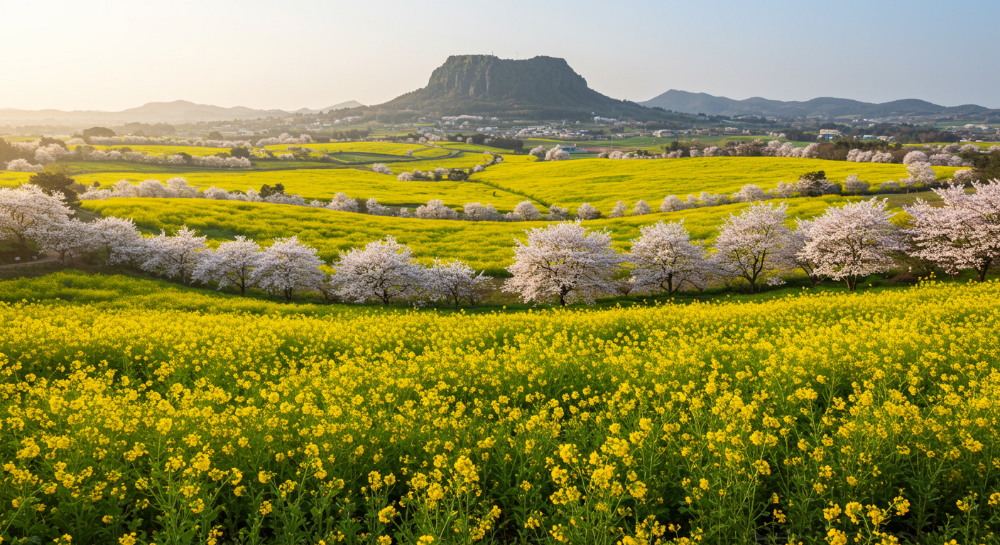 제주 녹산로의 유채꽃과 벚꽃이 만개한 봄 풍경
