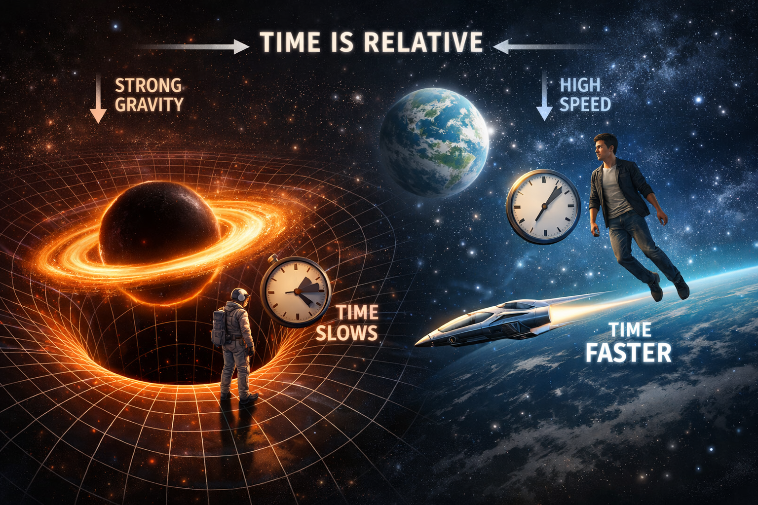 중력과 속도에 따라 시간의 흐름이 달라지는 상대성 이론 개념 이미지